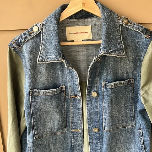 Pilcro Anthropologie Mixed Media Denim Jacket Blue/ Army Green Small - Picture 3 of 11